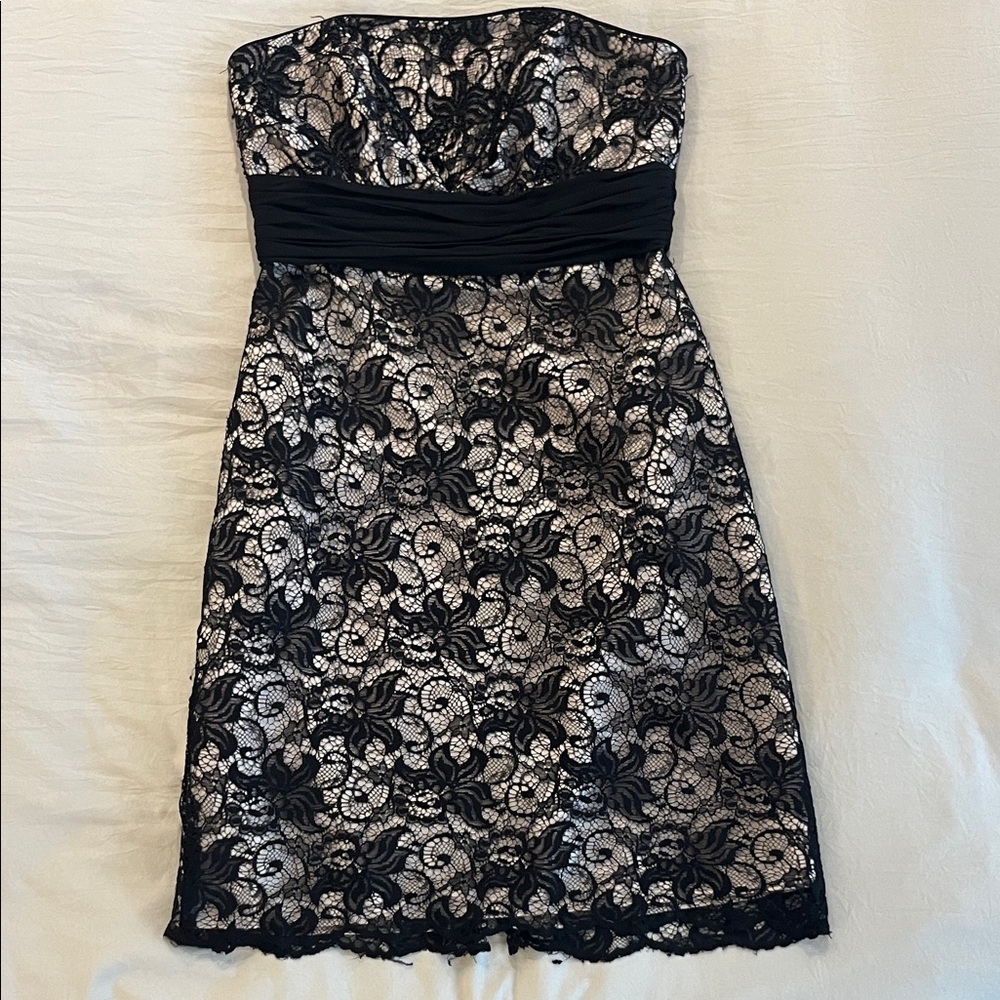 White House Black Market Elegant Black and Cream Lace Overlay Strapless Dress